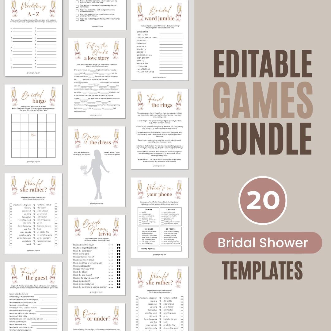 Pearls and Prosecco bridal shower, bridal shower games, bachelorette games, bridal shower bingo, Canva template BRSHPPRLS01