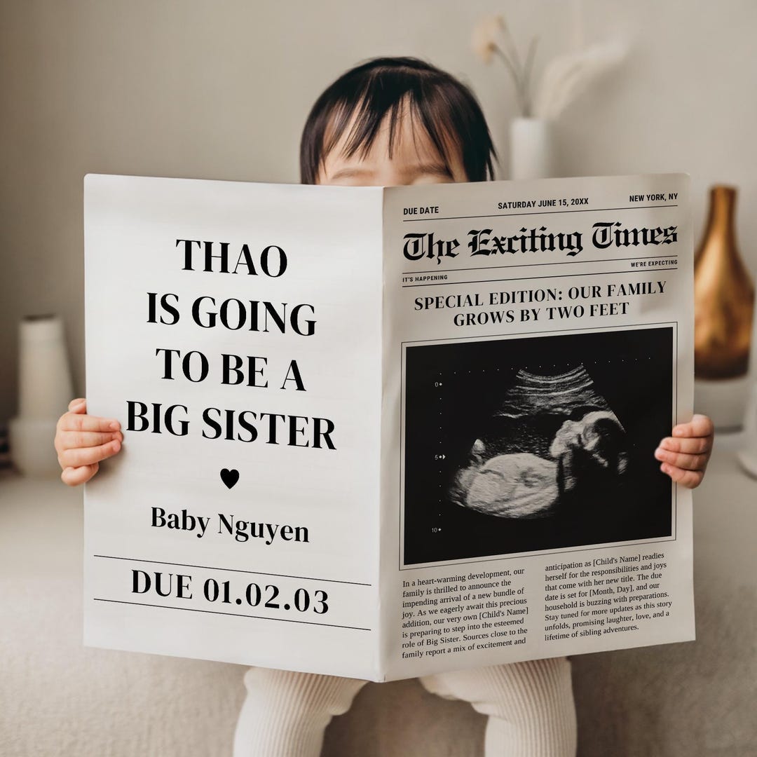 Pregnancy Announcement Digital, Big Sister Digital Pregnancy Announcement, Baby Number 2 Reveal, Canva Editable Template, Social Media Post