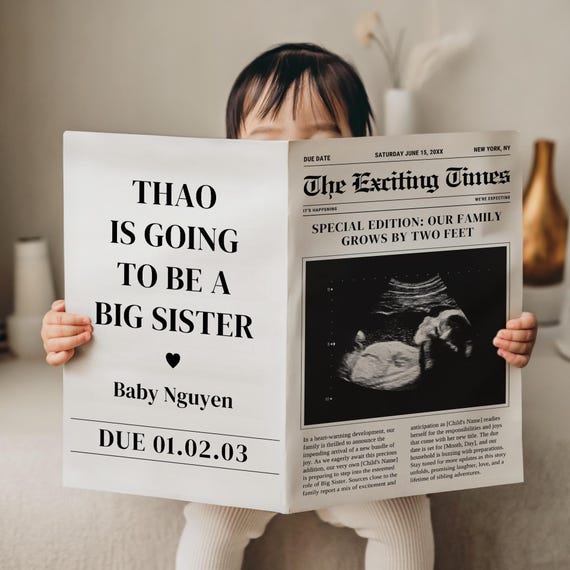 Pregnancy Announcement Digital, Big Sister Digital Pregnancy Announcement, Baby Number 2 Reveal, Canva Editable Template, Social Media Post