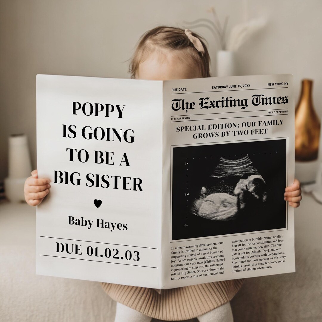 Big Sister Announcement Newspaper - Digital Pregnancy Announcement - Editable Newspaper Template - Promoted to Big Sister