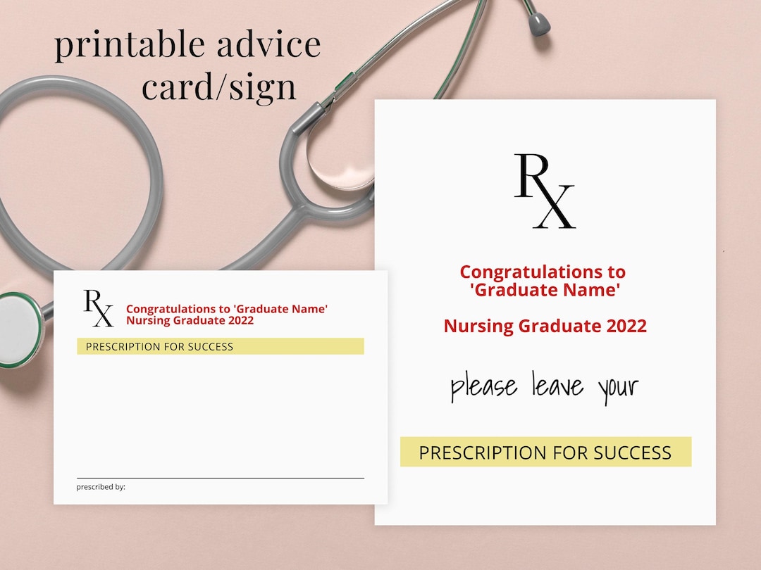Prescription for Success Nursing Graduate Advice Card Novelty Fun Printable Rx Card and Sign Template
