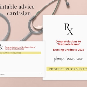 Recept voor succes Verpleegkundig advieskaart voor afgestudeerden Nieuwigheid Leuk afdrukbare sjabloon voor rx-kaart en bord