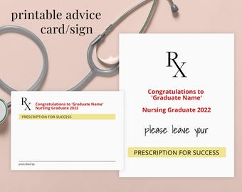 Prescription for Success Nursing Graduate Advice Card Novelty Fun Printable Rx Card and Sign Template