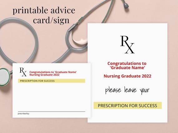 Prescription for Success Nursing Graduate Advice Card Novelty Fun Printable Rx Card and Sign Template