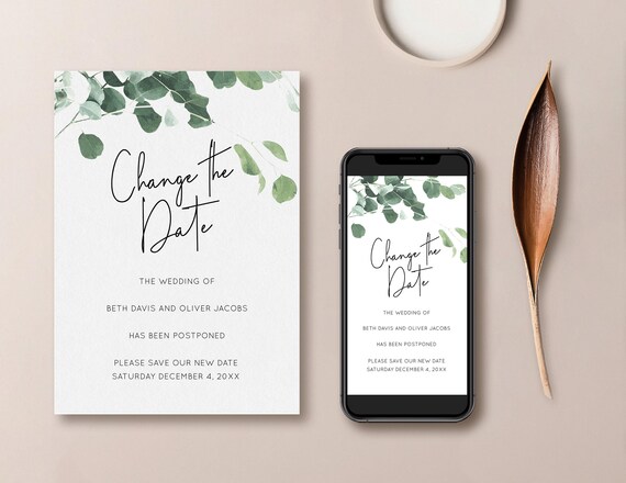 Change the Date Eucalyptus | postponed wedding, change of plans, wedding postponement, instant download, wedding date change, greenery