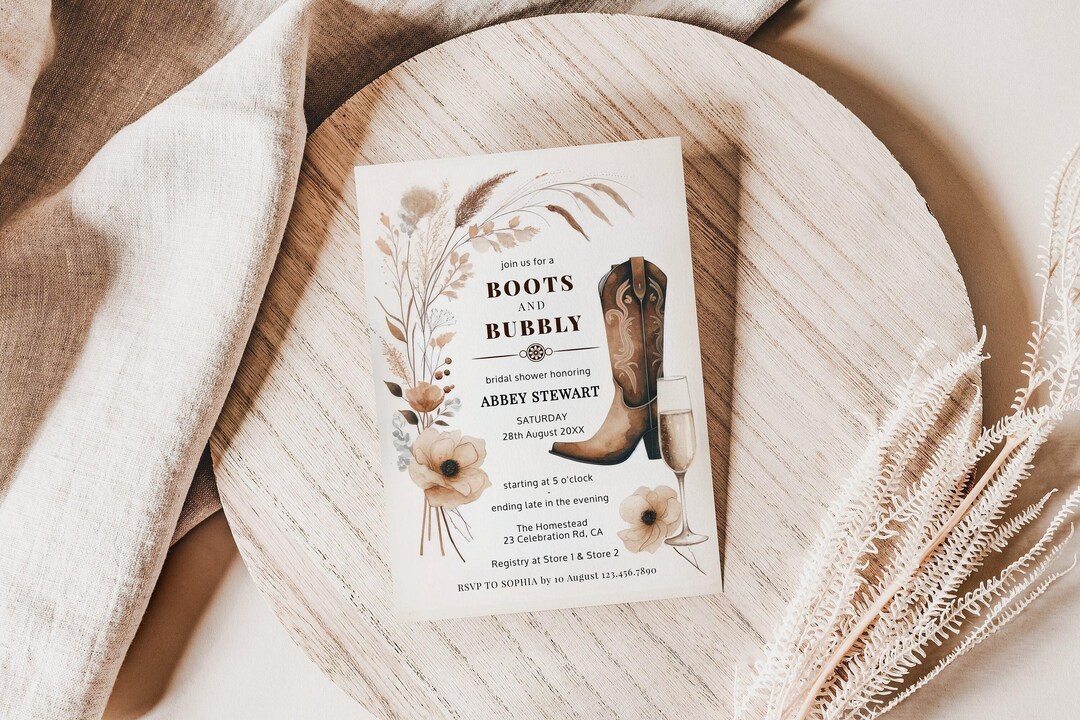 Boots and Bubbly Bridal Shower Invitation: Rustic Western Theme, Editable Template, Printable Bridal Shower Invite