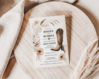 Boots and Bubbly Bridal Shower Invitation: Rustic Western Theme, Editable Template, Printable Bridal Shower Invite
