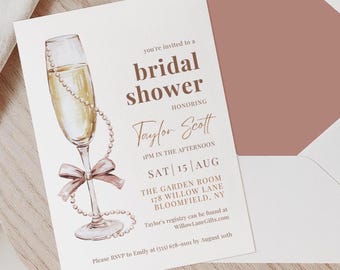 Pearls And Prosecco Invite Pearls And Prosecco Bridal Shower Invite Editable Bridal Shower Invitations Canva Template | BRSHPPRLS01