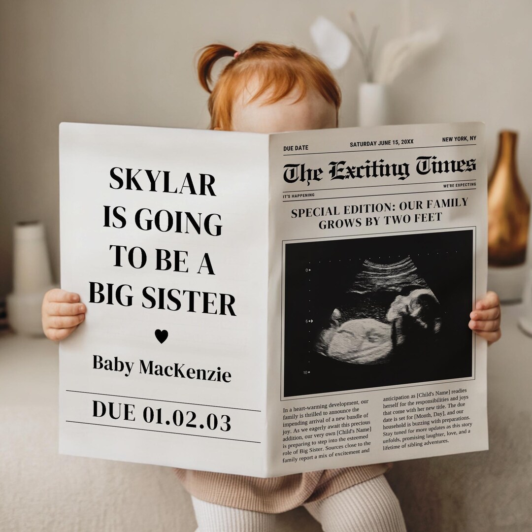 Baby Announcement, Big Sister Newspaper Reveal, Digital Editable Template, Personalized Sibling News