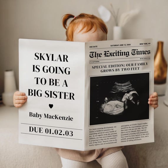 Baby Announcement, Big Sister Newspaper Reveal, Digital Editable Template, Personalized Sibling News