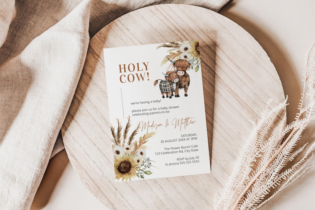 cow baby shower invites, highland cow baby shower, cow baby shower invitation, holy cow, sunflower baby shower INSTANT DOWNLOAD