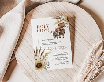 cow baby shower invites, highland cow baby shower, cow baby shower invitation, holy cow, sunflower baby shower INSTANT DOWNLOAD