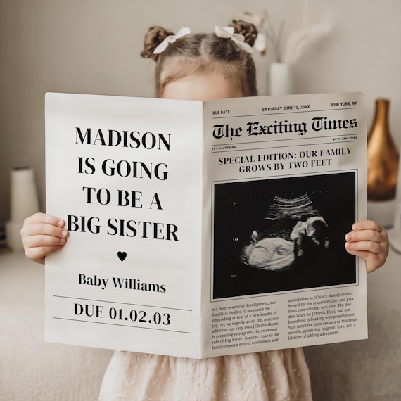 Big Sister Announcement Digital Pregnancy Announcements Big Sister to be Announcement Second Pregnancy Announcement Newspaper CANVA TEMPLATE
