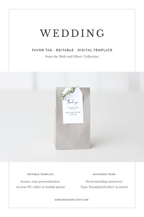 Simple handwritten font wedding favor tag DIY, customizable wedding thank you tag printable, personalized wedding thank you tag template