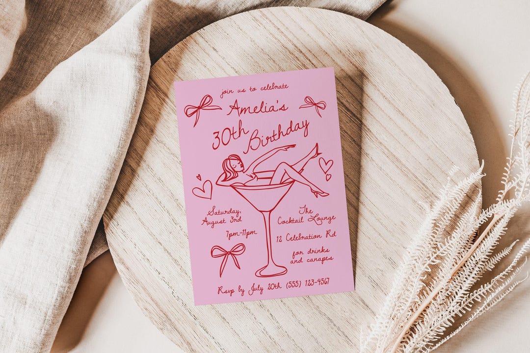 Girl in Martini Glass Invite, Hand Drawn 30th Birthday Invitation, Personalized, Chic Design, Editable Template