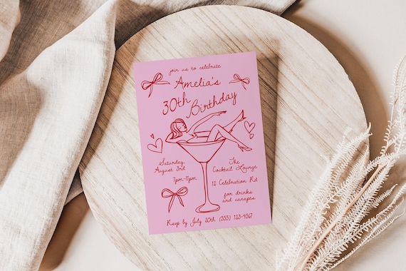 Girl in Martini Glass Invite, Hand Drawn 30th Birthday Invitation, Personalized, Chic Design, Editable Template