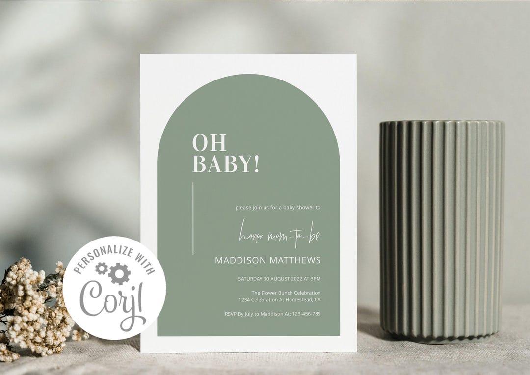 Arch Baby Shower Invitation, Oh Baby, Sage Green, Printable Baby Shower Invitation, Baby Shower Invitation Template, 5x7 INSTANT DOWNLOAD