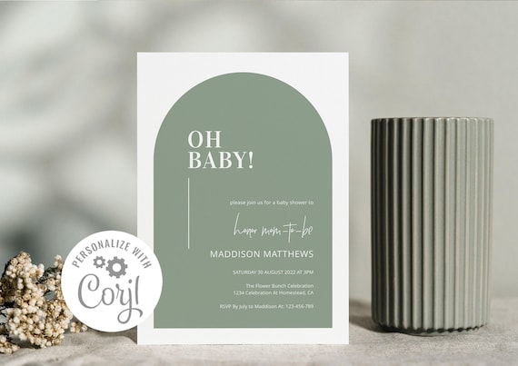 Arch Baby Shower Invitation, Oh Baby, Sage Green, Printable Baby Shower Invitation, Baby Shower Invitation Template, 5x7 INSTANT DOWNLOAD