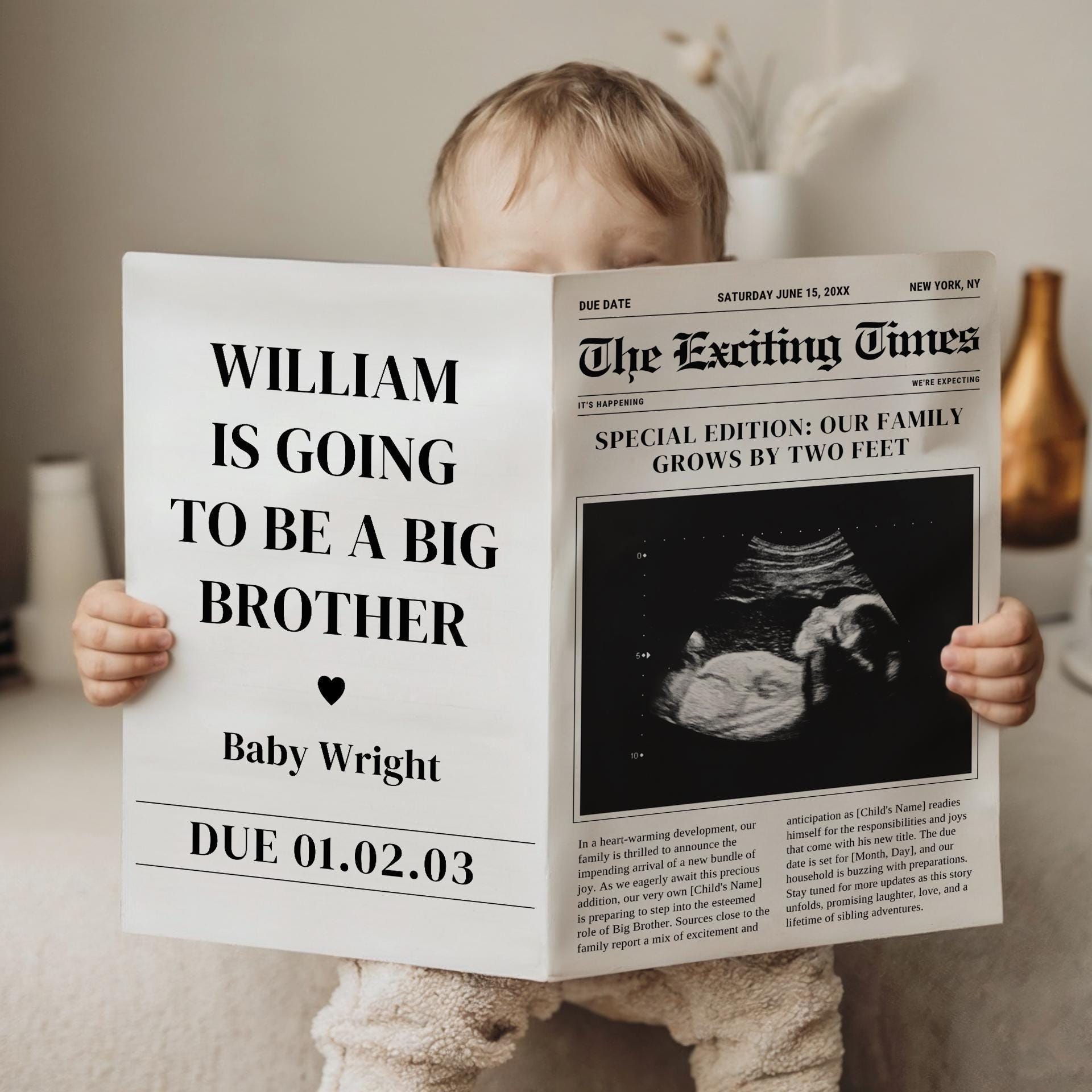 Custom Pregnancy Reveal Newspaper, Personalized Baby Announcement, Editable Template for Social Media Sharing