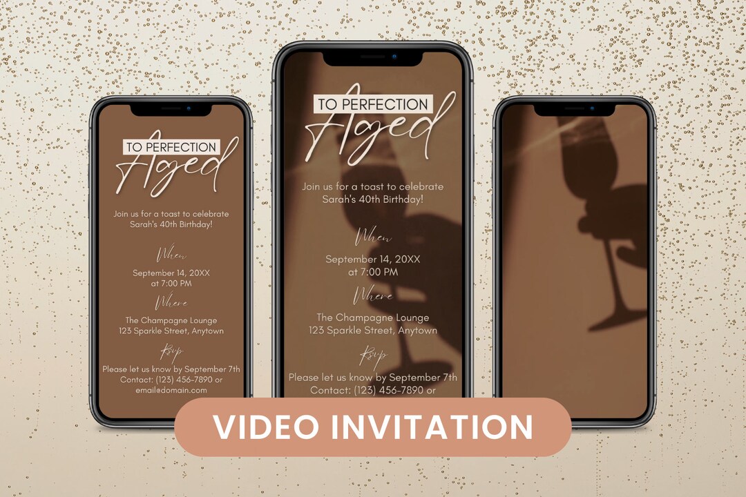 Aged to Perfection Birthday Video Invitation, Champagne Digital Invite, Text 21st, 30th, 40th Dinner Party Invitation