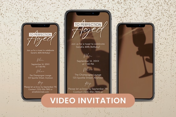 Aged to Perfection Birthday Video Invitation, Champagne Digital Invite, Text 21st, 30th, 40th Dinner Party Invitation