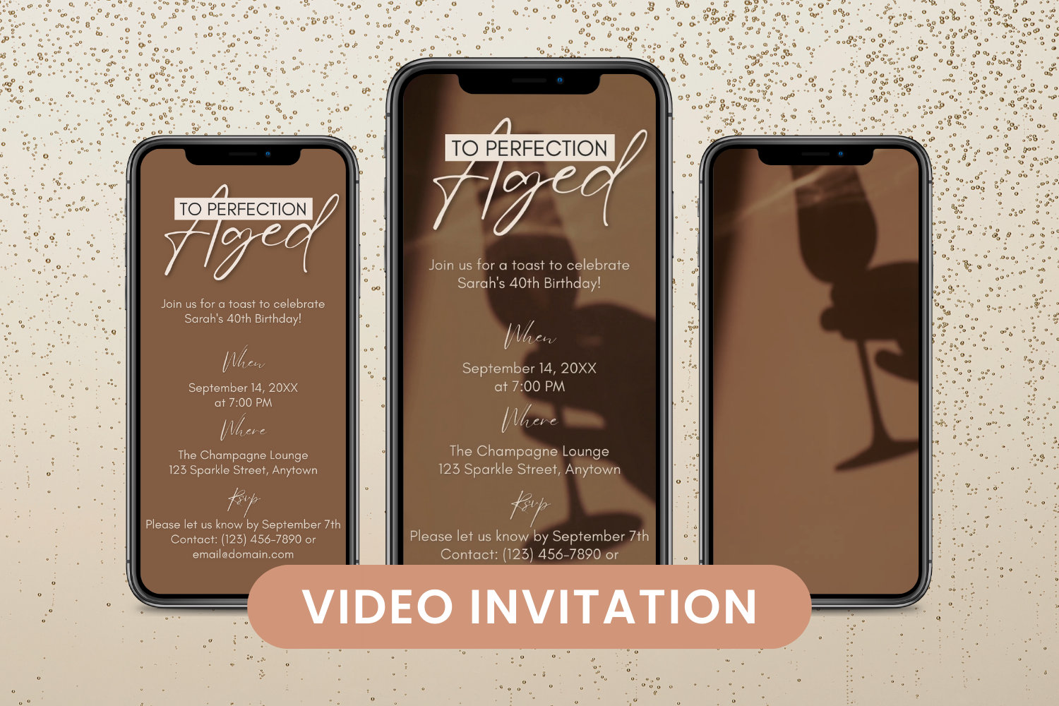 Aged to Perfection Birthday Video Invitation, Champagne Digital Invite, Text 21st, 30th, 40th Dinner Party Invitation