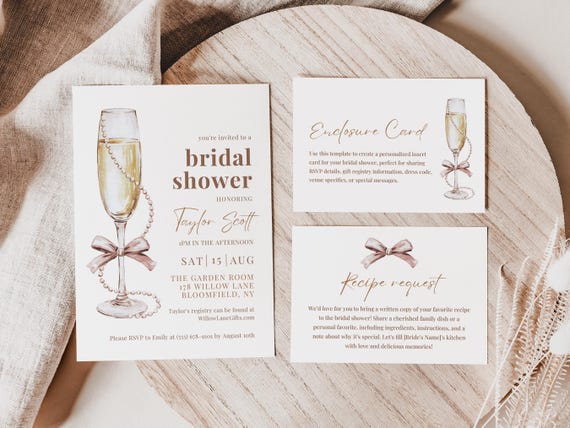 Editable Bridal Shower Invitations Pearls And Prosecco Bridal Shower Digital Invite, Pearls And Prosecco Invite | BRSHPPRLS01