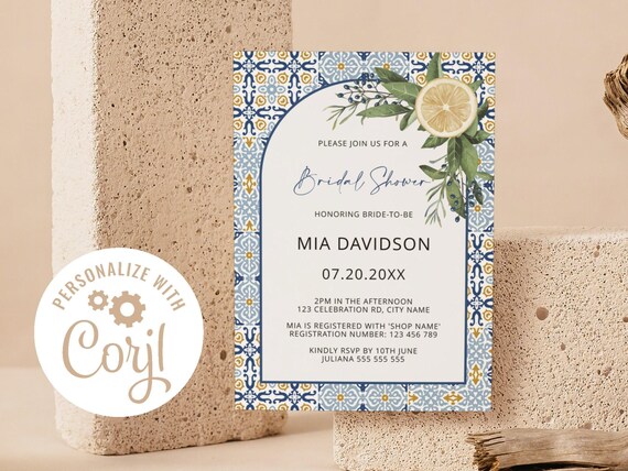 Capri Bridal Shower, Italian Positano Amalfi Blue Tile Lemon Bridal Shower Invitation Digital Template