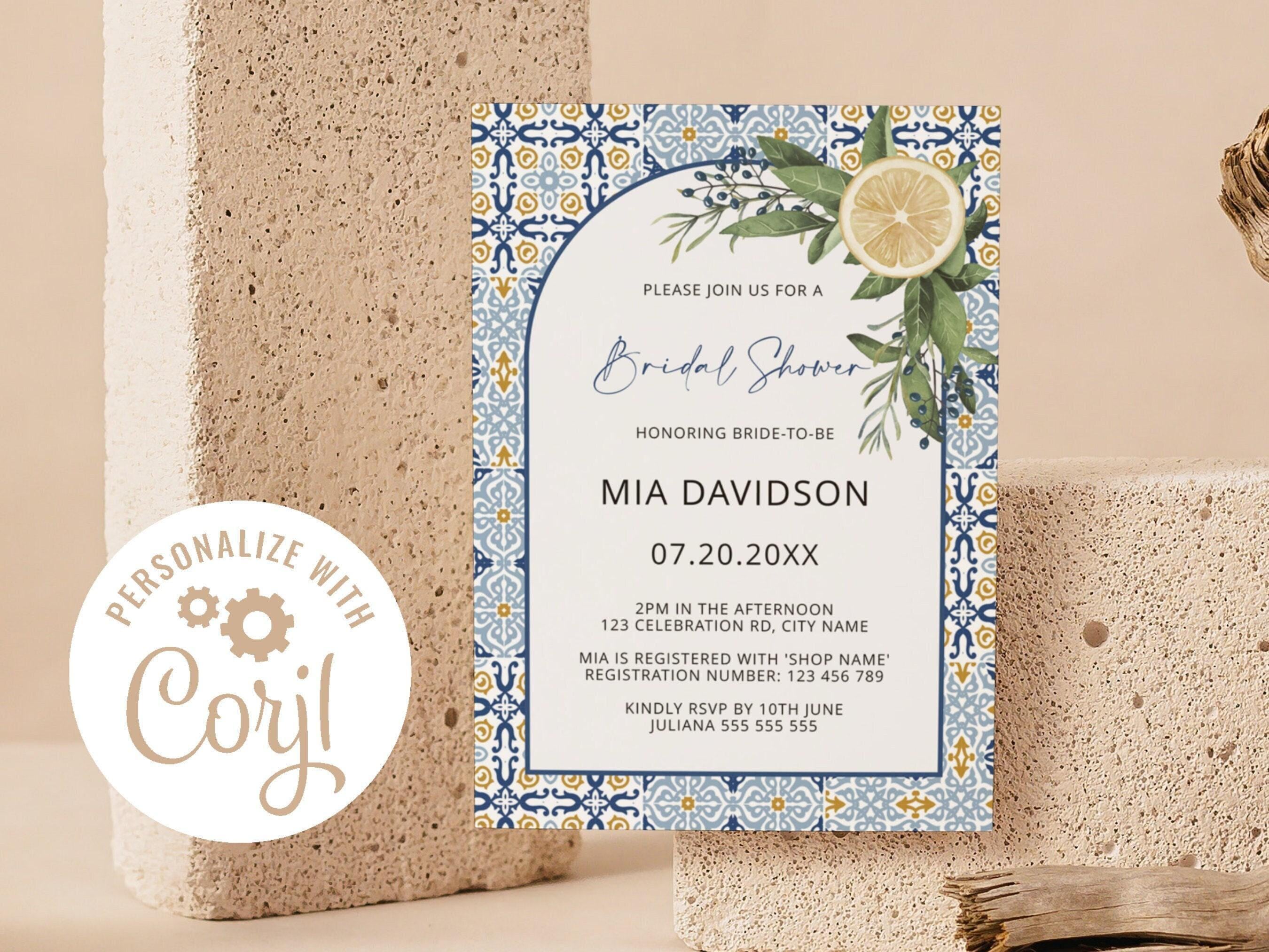 Capri Bridal Shower, Italian Positano Amalfi Blue Tile Lemon Bridal Shower Invitation Digital Template
