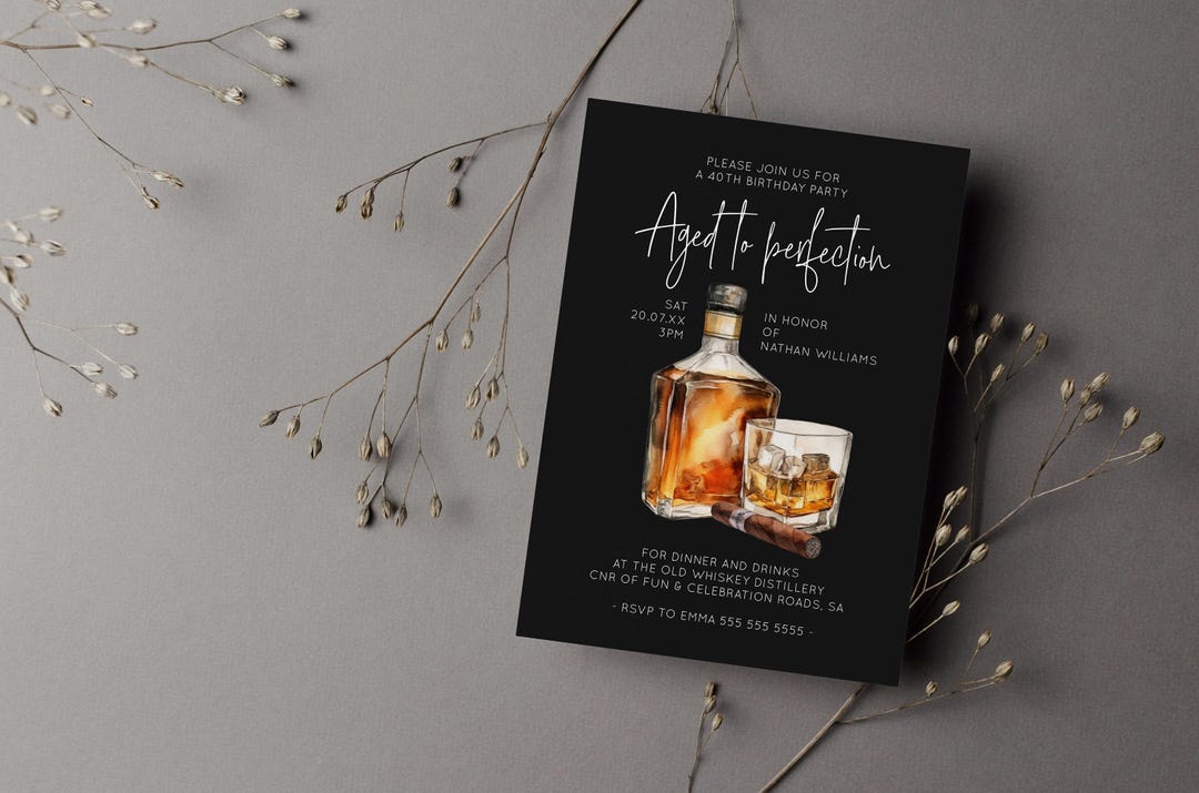 Male Birthday Invite Whiskey, Editable 40th Birthday Invite Template, Whiskey & Cigars Theme, Male Birthday Invitation Instant AB02WBB
