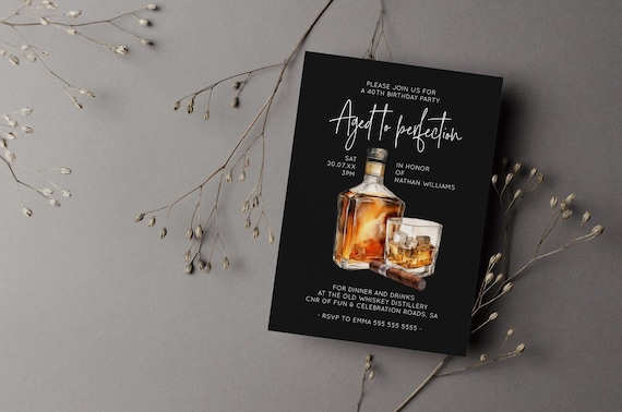 Male Birthday Invite Whiskey, Editable 40th Birthday Invite Template, Whiskey & Cigars Theme, Male Birthday Invitation Instant AB02WBB