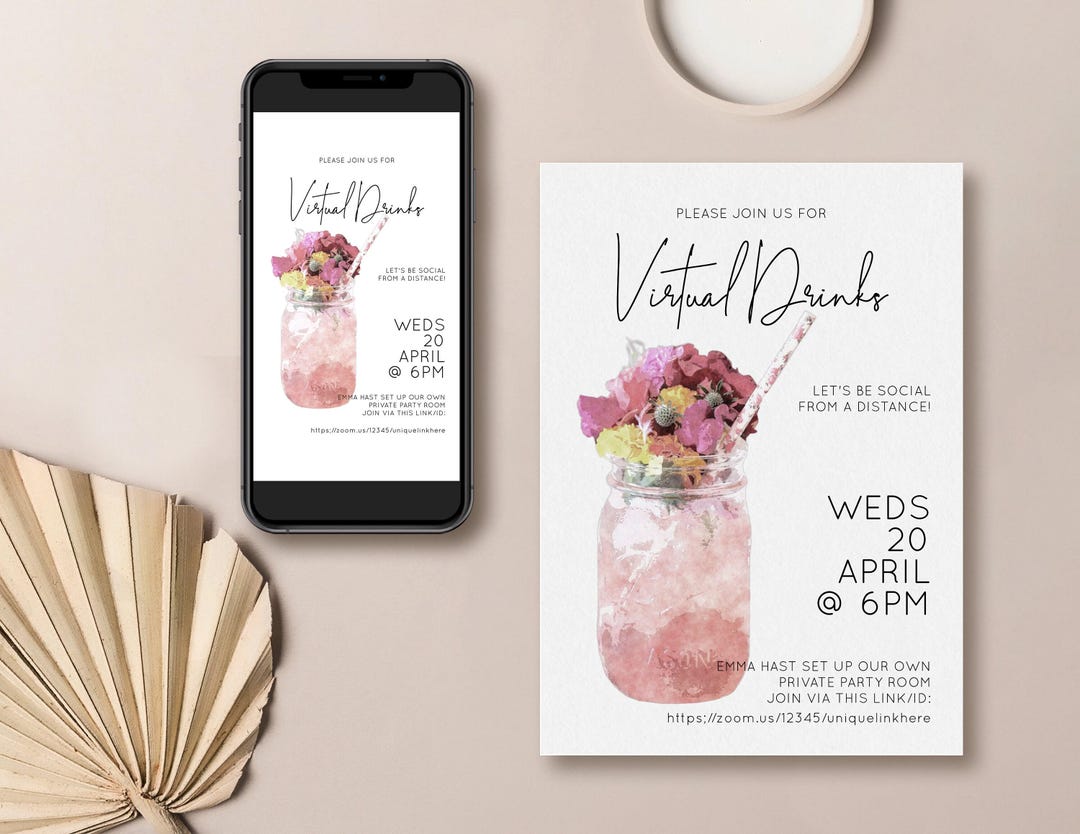 Virtual Drinks Invitation | quarantine drinks, digital invitation, editable template, smartphone invite, virtual party, cocktail evite