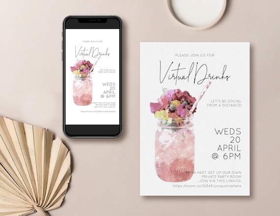 Virtual Drinks Invitation | quarantine drinks, digital invitation, editable template, smartphone invite, virtual party, cocktail evite