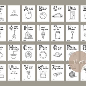 May include: Black and white illustrated alphabet book for babies. Each page features a letter of the alphabet, a corresponding word, and a simple illustration. The book has 28 pages.