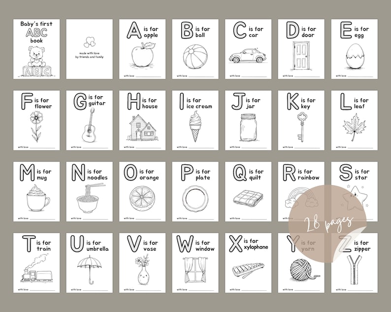 May include: Black and white illustrated alphabet book for babies. Each page features a letter of the alphabet, a corresponding word, and a simple illustration. The book has 28 pages.