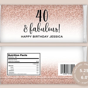 40th Birthday Chocolate Wrapper Label EDITABLE PRINTABLE Candy Bar | Rose Gold Faux Glitter Ombre Design, to fit 1.55oz Bar