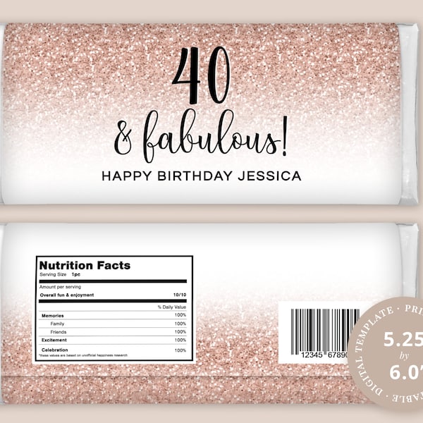 40th Birthday Chocolate Wrapper Label EDITABLE PRINTABLE Candy Bar | Rose Gold Faux Glitter Ombre Design, to fit 1.55oz Bar