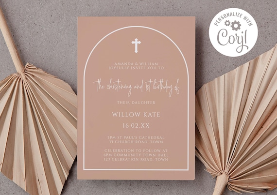 Christening and 1st Birthday Invitation - Blush Pink Arch Design  PRINTABLE EDITABLE TEMPLATE