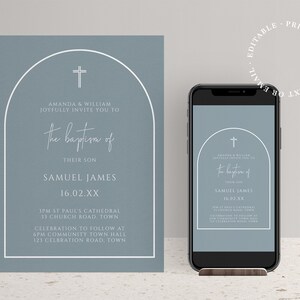 Arch Baptism Invitation Editable Template - Minimalist Dusty Blue Design