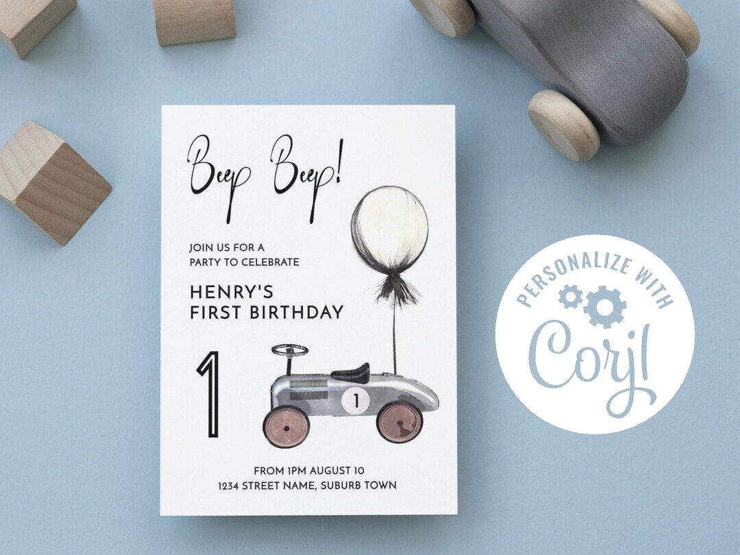 1st Birthday Retro Car Invitation, Printable Boy 1st Birthday Invitation Digital Template, Invitation Template, INSTANT DOWNLOAD