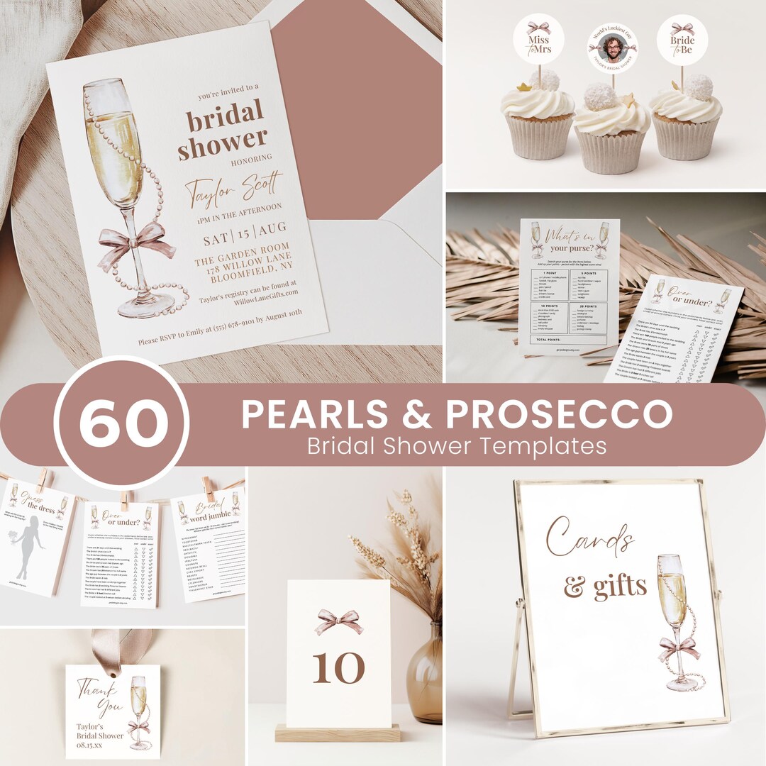 Stress free DIY bridal shower bundle templates, Pearls and prosecco bridal shower bundle template menu and games | BRSHPPRLS01