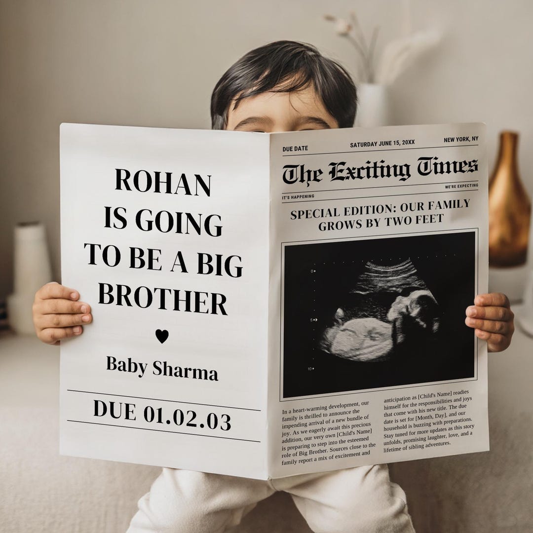 Digital Pregnancy Announcement - Promoted to Big Brother - Canva Newspaper Template - Baby Reveal for Social Media