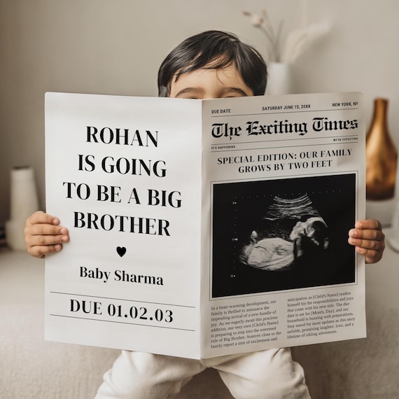 Digital Pregnancy Announcement - Promoted to Big Brother - Canva Newspaper Template - Baby Reveal for Social Media