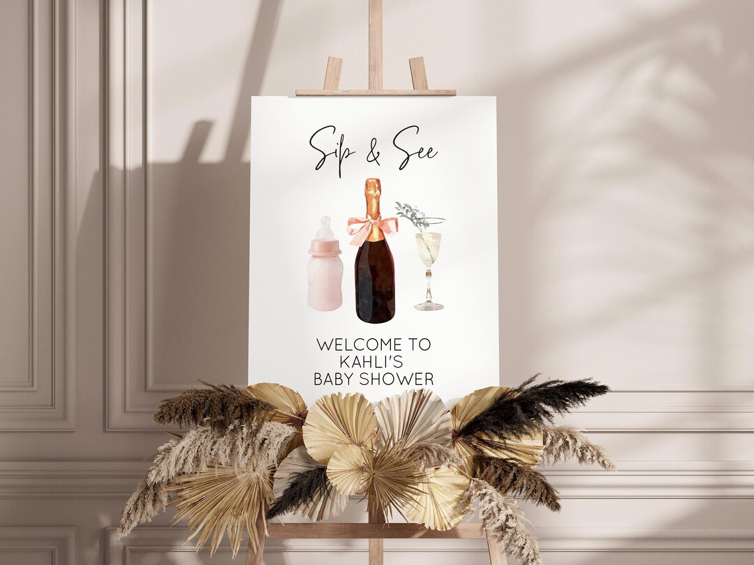 Welcome Sign for Baby Shower Pink Bow Champagne & Bottle Design, Sip and See Party Decor