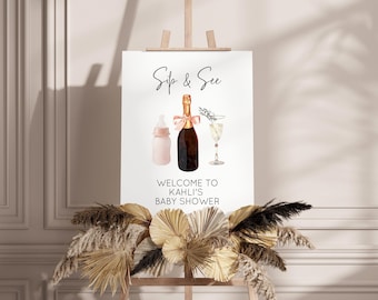 Welcome Sign for Baby Shower Pink Bow Champagne & Bottle Design, Sip and See Party Decor