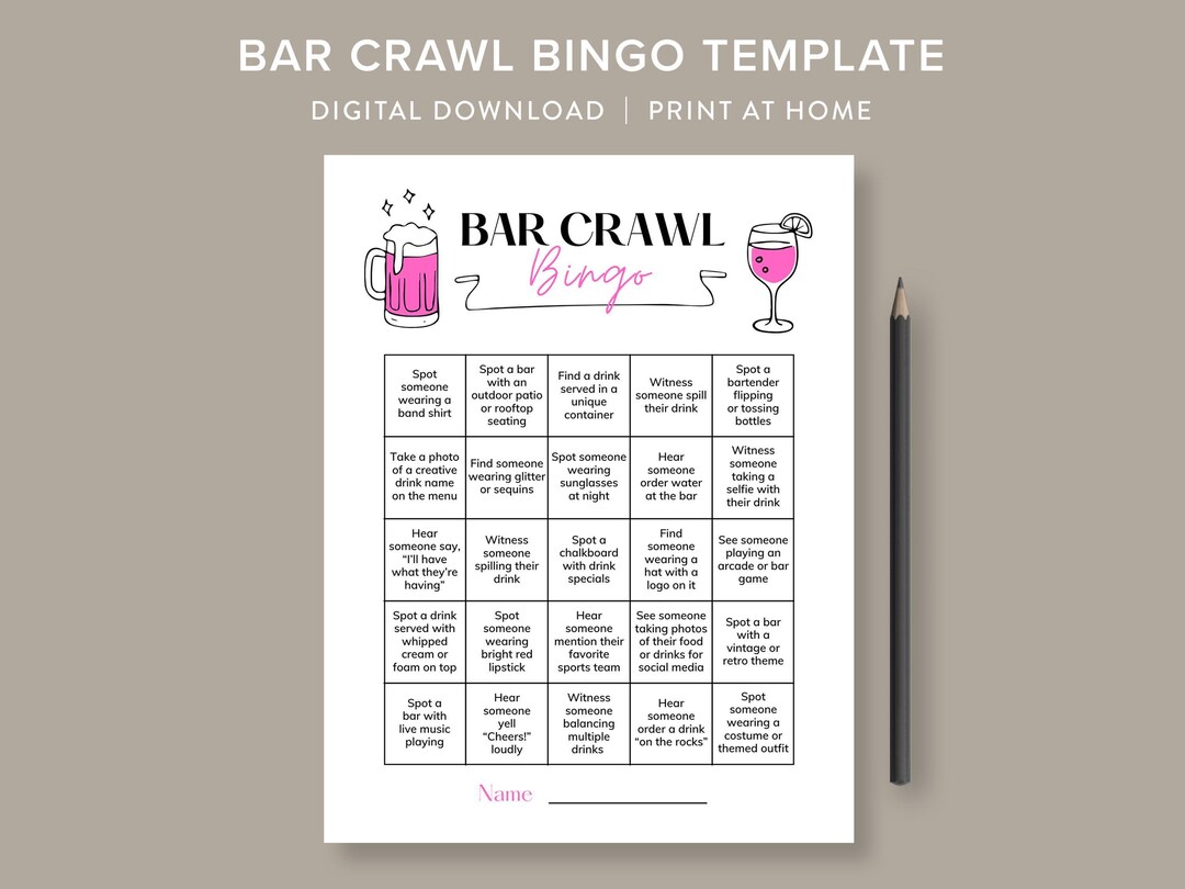 Bridal Shower Bingo Drinking Game Cards Adult Party Games Ladies Night Games Bar Crawl Bingo Birthday Bar Crawl Birthday Pub Crawl Games