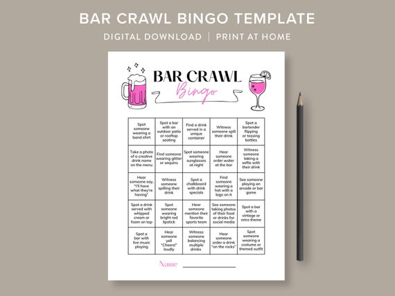 Bridal Shower Bingo Drinking Game Cards Adult Party Games Ladies Night Games Bar Crawl Bingo Birthday Bar Crawl Birthday Pub Crawl Games