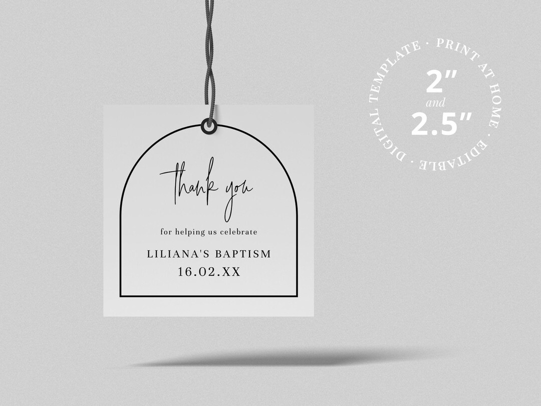 Digital Baptism Thank You Tags for Cookies - Simple Black & White Arch Design