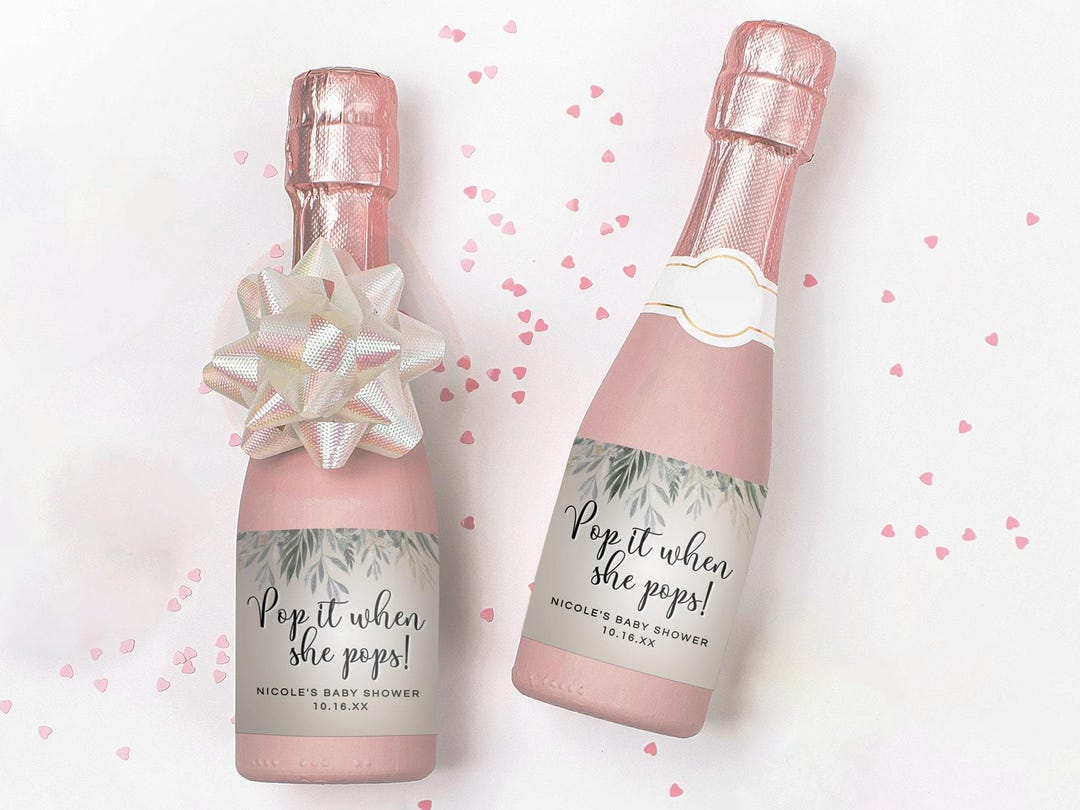 Baby Shower Mini Champagne Bottle Printable Label | Pop it When She Pops Gender Neutral Greenery Design