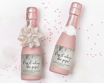 Etiqueta imprimible para minibotella de champán para baby shower / ¡Aprovéchala cuando nazca! Diseño con motivos vegetales unisex.